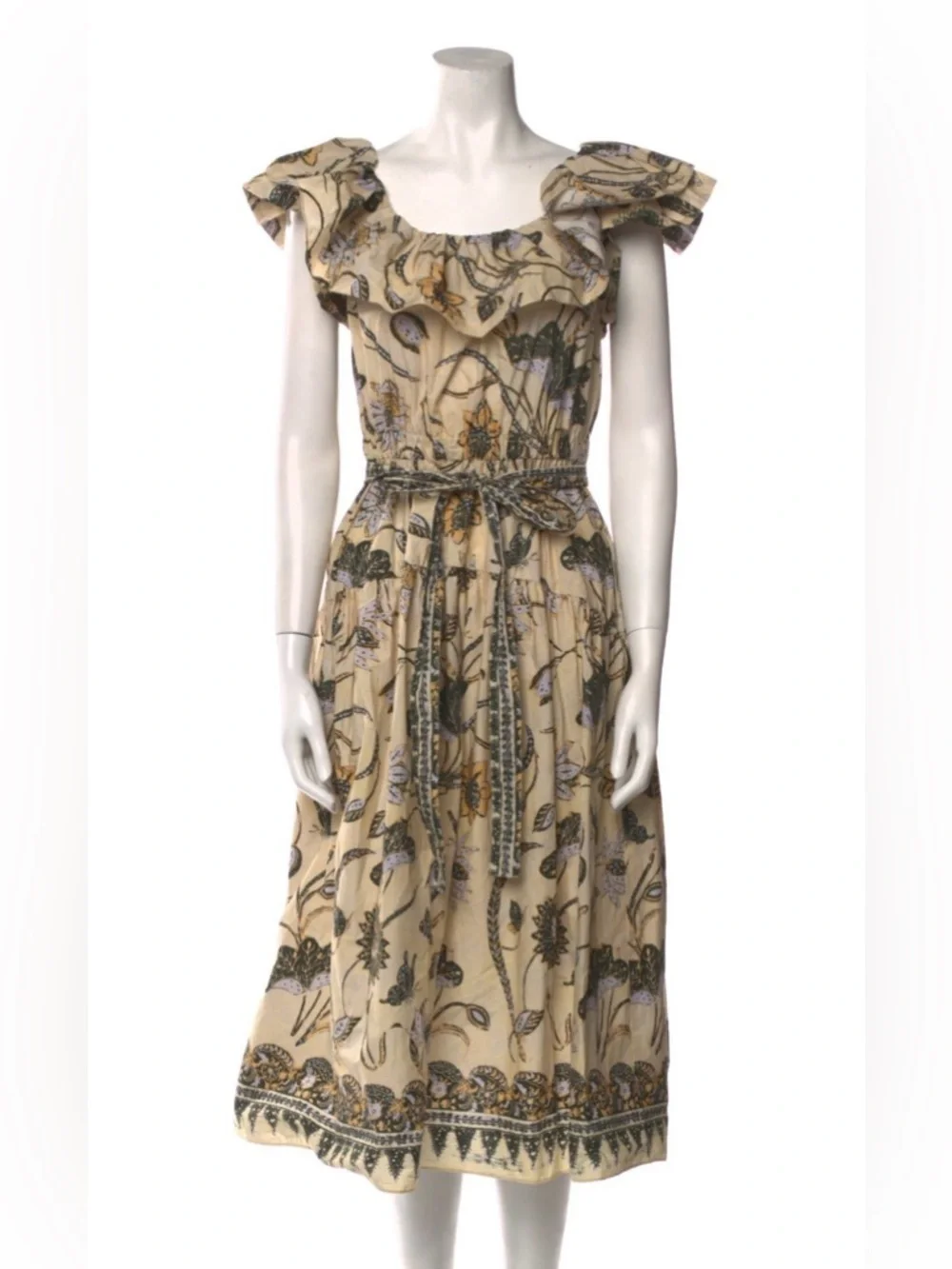 Ulla Johnson Yellow Floral Butterfly Midi Dress Sz 2 Boho Cotton Belted - Picture 3 of 11